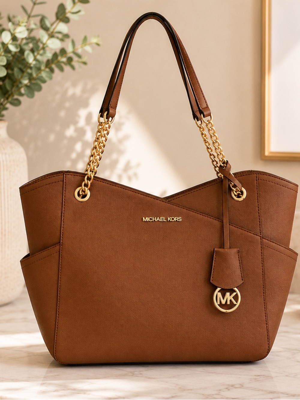 Michael Kors Jet Set Travel Chain Shoulder Tote Luggage Brown Saffiano Leather